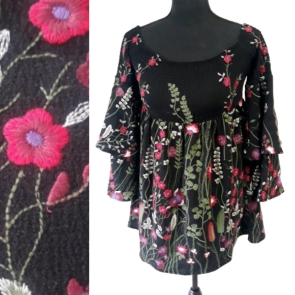 Red Carter Tops - Anthropologie Red Carter Floral Embroidered Smocked Top Bell Sleeves XS